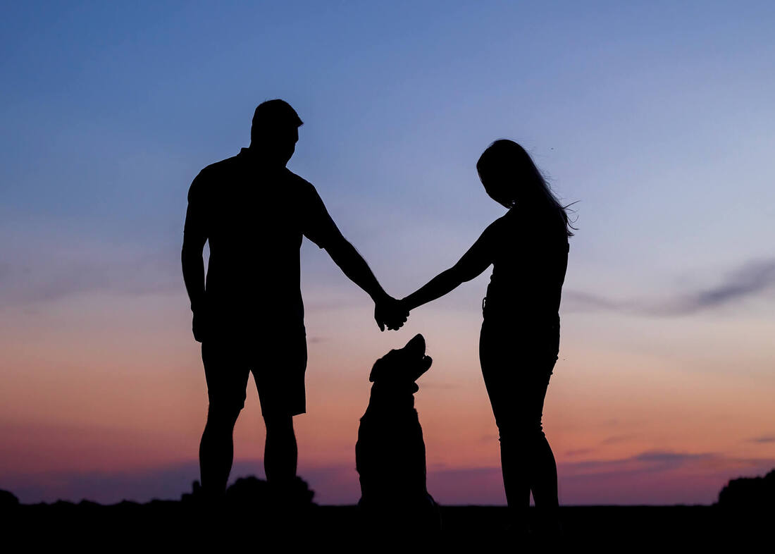 Silhouette of lab between his owners holding hands.