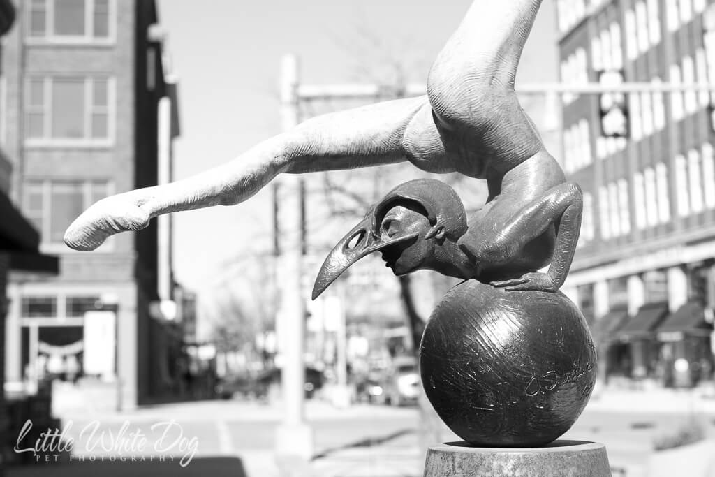 Black and white picture of a statue of circus gymnist in downtown Sioux Falls